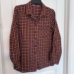 Forever 21 Plaid Flannel Button Shirt Pink Black Orange Long Sleeve Women L Fun